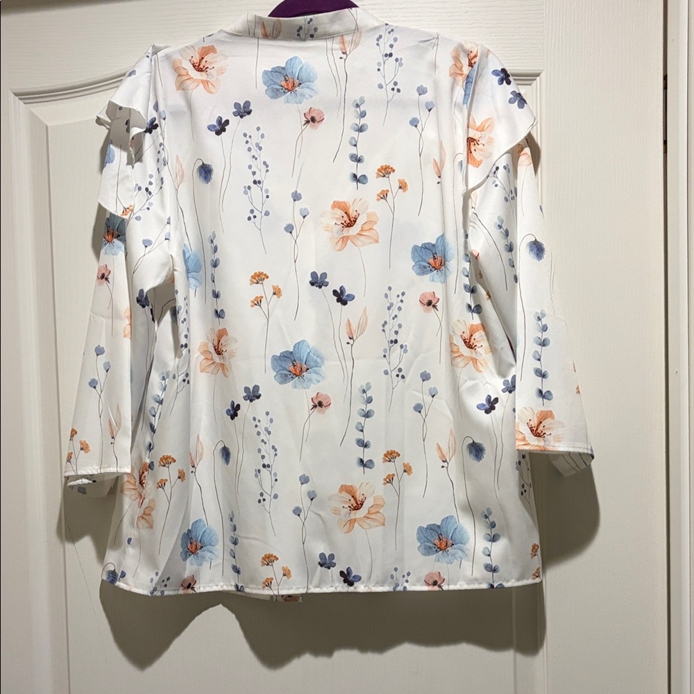 Floral Ruffle Blouse - White with Blue and Orange Accents - Picture 4 of 4